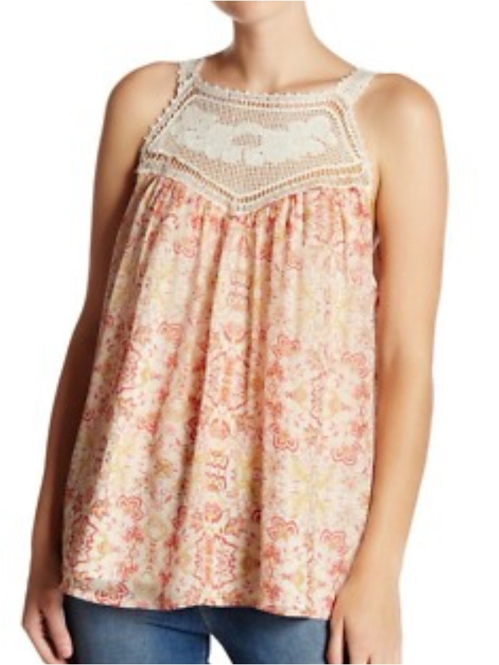 JOIE BAYARD OFF-WHITE RED BROWN PATTERN SLEEVELESS FLOWY SILK TANK CROCHET